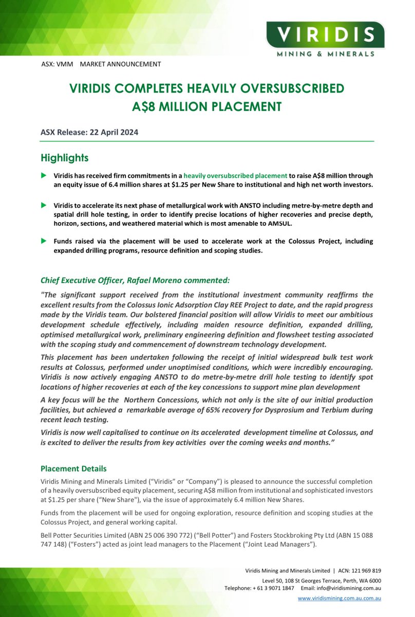 Viridis_VMM's tweet photo. Viridis Mining and Minerals $VMM pleased to announce
“Viridis Completes Heavily Oversubscribed A$8 Million Placement”
ASX Announcement:
https://t.co/0gigbPqzWl
#Viridis #VMM #Colossus #IAC #Worldclass #Terrasraras #RareEarth #Project #Brazil 🇧🇷 #BellPotter #FosterStockbroking https://t.co/cZQaTj1bPD