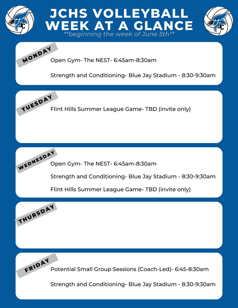 🚨 2024 Summer Volleyball Opportunities 🚨

Full summer calendar of events: docs.google.com/spreadsheets/d…

It's time to get to work-- We're excited to be back in the gym to prep for our 2024 season! 💙