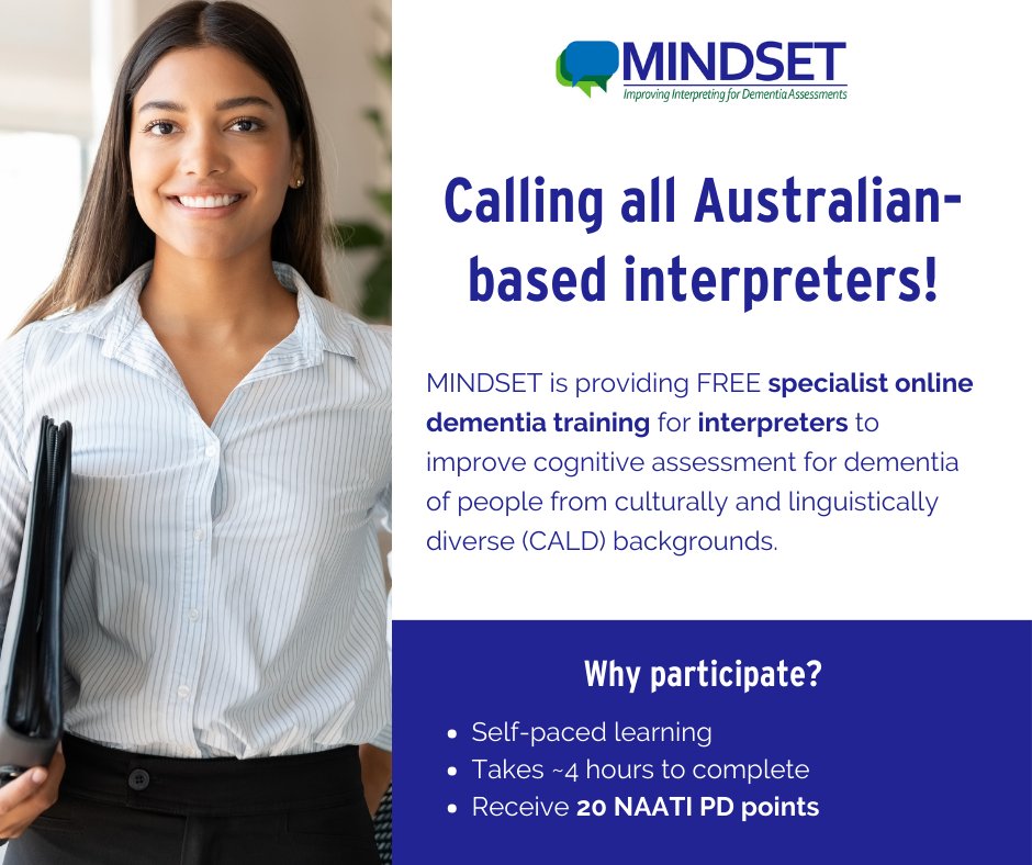 MINDSET is providing FREE specialist online dementia training for interpreters to improve cognitive assessment for dementia in people from culturally and linguistically diverse (CALD) backgrounds. Interested in taking part? Click the link below to enrol: forms.office.com/r/3WW1856sif