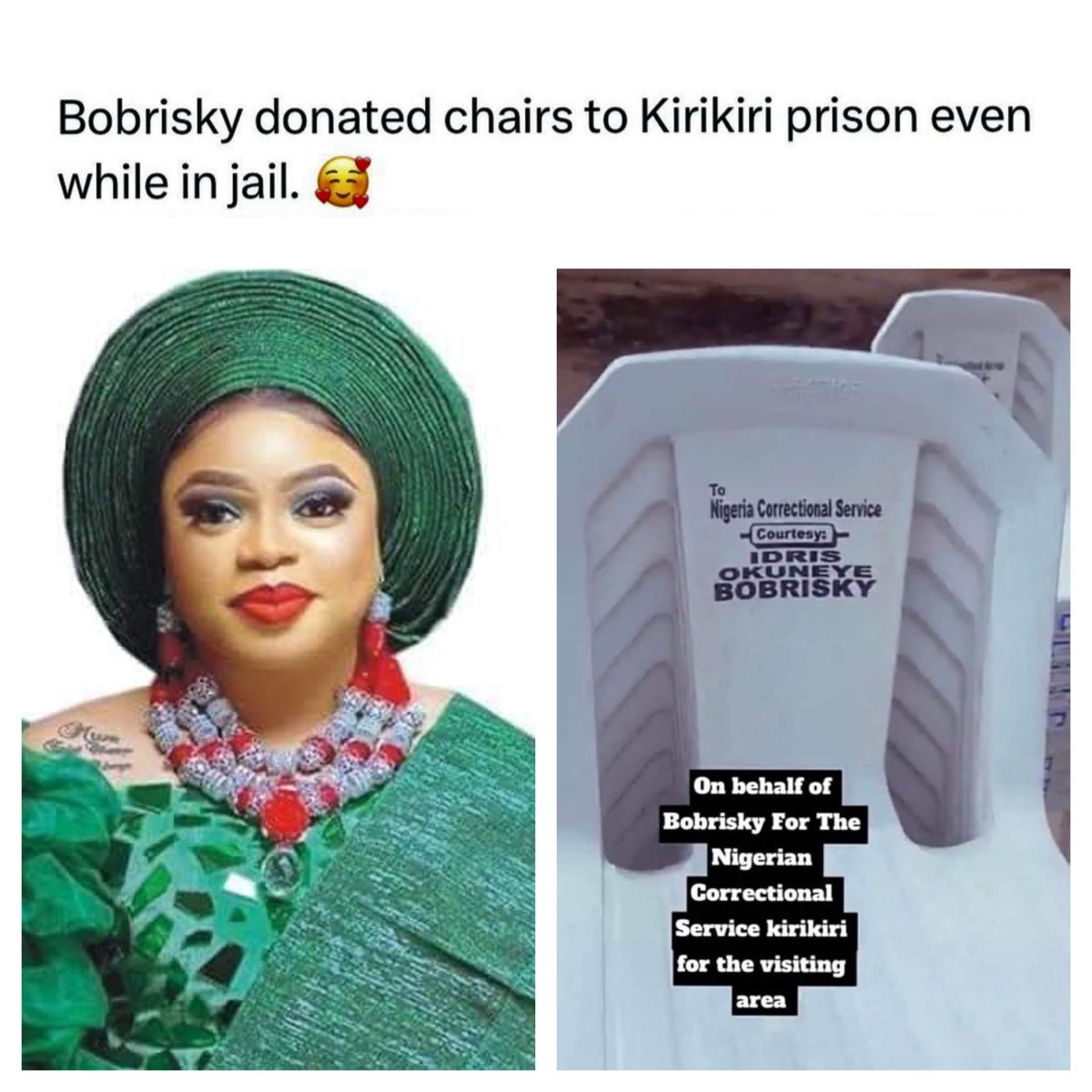 Disposed 'Mummy of Lagos,' Uncle Bobrisky donated plastic chairs to Kirikiri Prison for the visiting area......

Trans Robbery Funke Mercy Chinwo 
#BBNaija #HaneyGarcia #Coachella  #NBAPlayoffs   #aespa