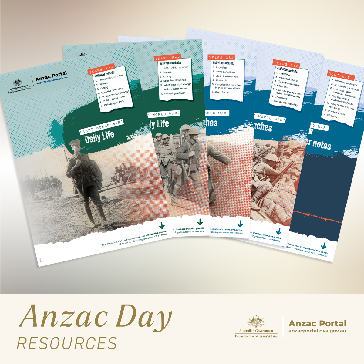 Annually, we distribute a commemorative pack to schools, ex-service organisations, and other associations for Anzac Day. These resources cover elements of military service and daily life during and outside wars and conflicts. To find out more, visit: anzacportal.dva.gov.au/commemoration/…