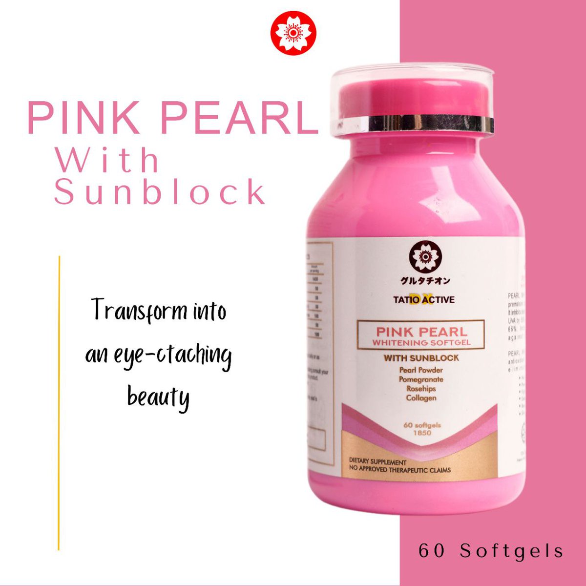 Enhance your glow with the power of pinkish pearl and sunblock in a convenient softgel! 🌞💖
Also available for COD:

Shopee: shp.ee/llhoiyd

Lazada: rb.gy/cbq9n

#BeautyEssentials #tatioactivedxjapan #tatioactivedx #antiaging #sunblock #softgels