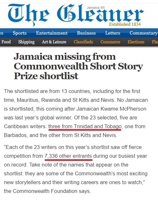 Jamaica is quicker to put up an article about how they have no shortlisted entrants, than Trinidad is to put up an article how they have 3 (the majority from the Caribbean).