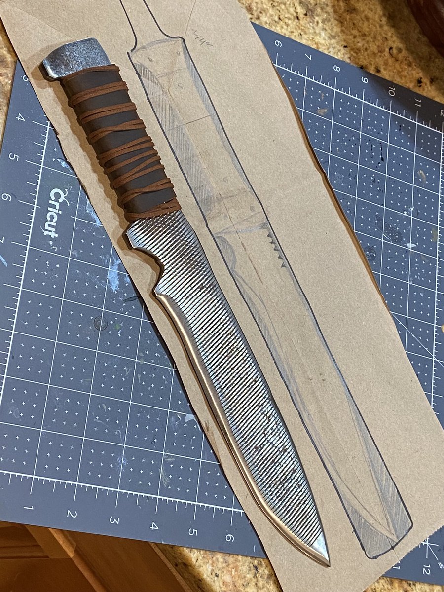 Made a knife today from a file. The metal was so hard I couldn’t get a drill bit through it, hence the temporary leather handle. I do like it, though.