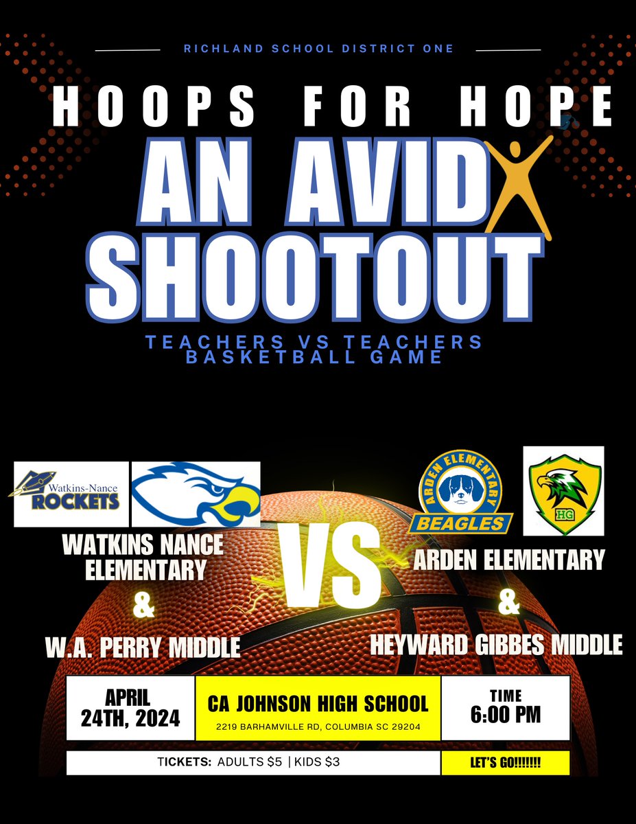 Wednesday at 6 p.m. Get ready to witness the epic showdown! @RSD1_AVID Hoops for Hope basketball game: @WAPerryMS @WNESrcsd1 VS @ArdenBeagles @heyward_gibbes 🏀✔️ #HoopsForHope