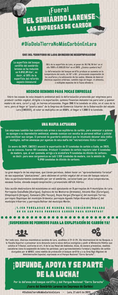 libertadlibia's tweet photo. Las emisiones por la quema de Vera, Curari, Cují, contribuyen a profundizar el cambio Climático, además del ecocidio que se ocasiona a la biodiversidad del semiárido de Lara
¡Exigimos la Revocatoria de Permisos para Carbón Ya!
@MinecOficial
#DiaDeLaTierraNoMásCarbónEnLara https://t.co/UCd6Dr2kwM