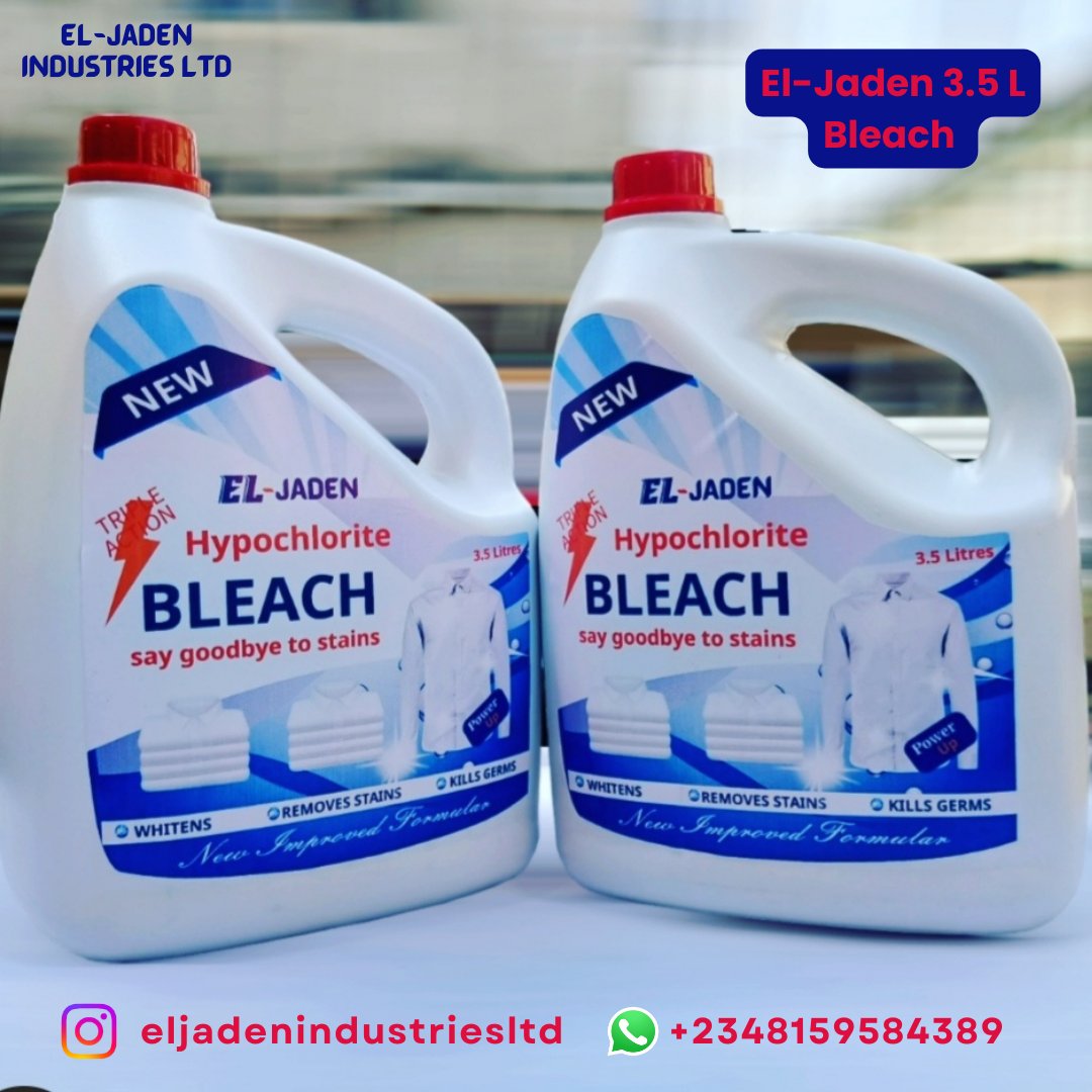 eljadenltd's tweet photo. The El-Jaden Bleach 3.5L Squad is here!

El-Jaden Bleach tackles tough stains, brightens whites, and disinfects surfaces, leaving your home sparkling clean and germ-free.

Shop El-Jaden Bleach now! (link in bio)

#eljadenbleach #whiteners #cleaningproducts #vini #NewProduct https://t.co/tqQoJg4Fly