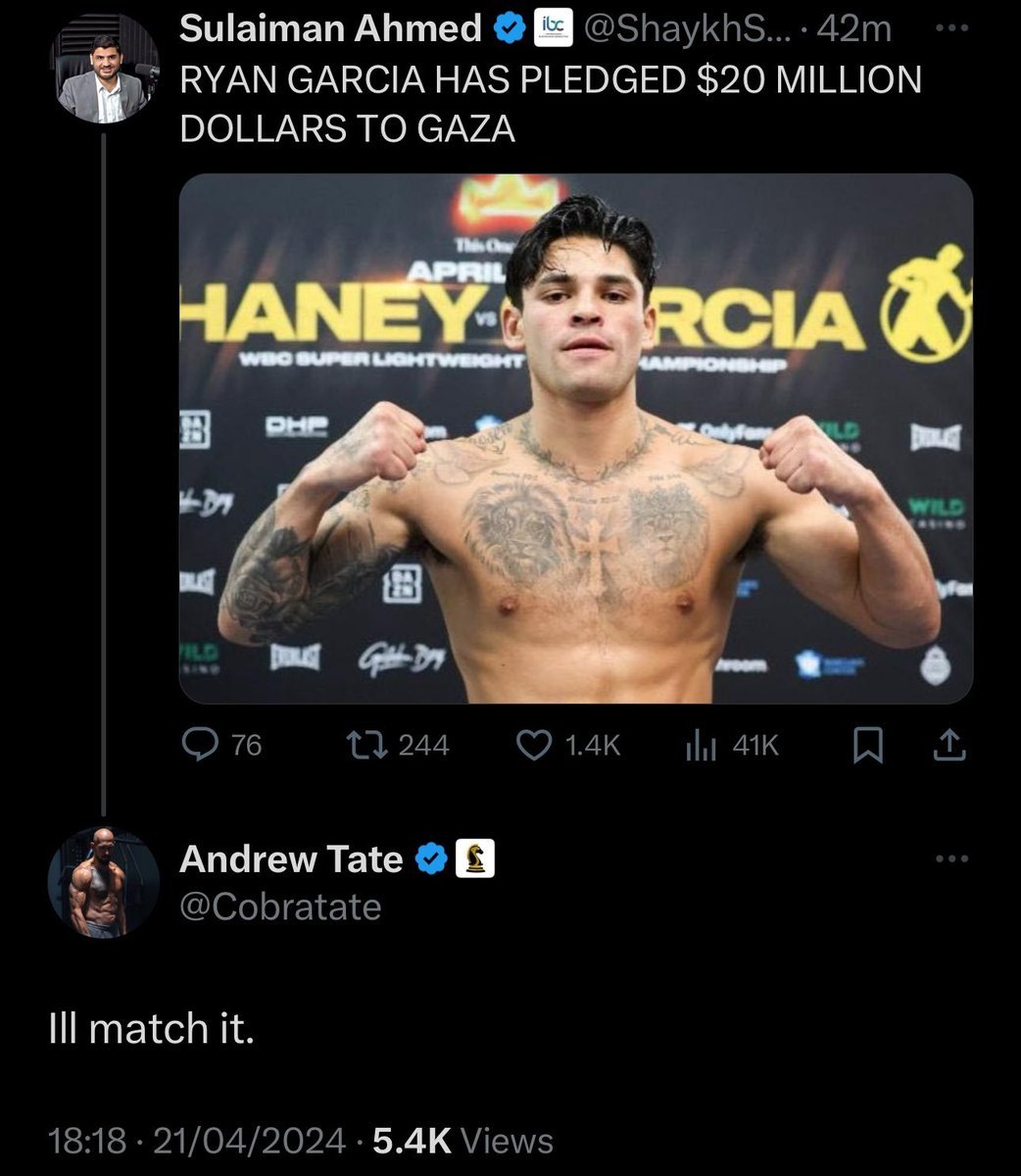 popularalerts's tweet photo. #Breaking : Andrew Tate and Ryan Garcia have each pledged to donate $20 million to support Gaza, totaling $40 million.   

Their donations announced on X, aim to address humanitarian needs in Gaza. https://t.co/cz5DOFuPCj