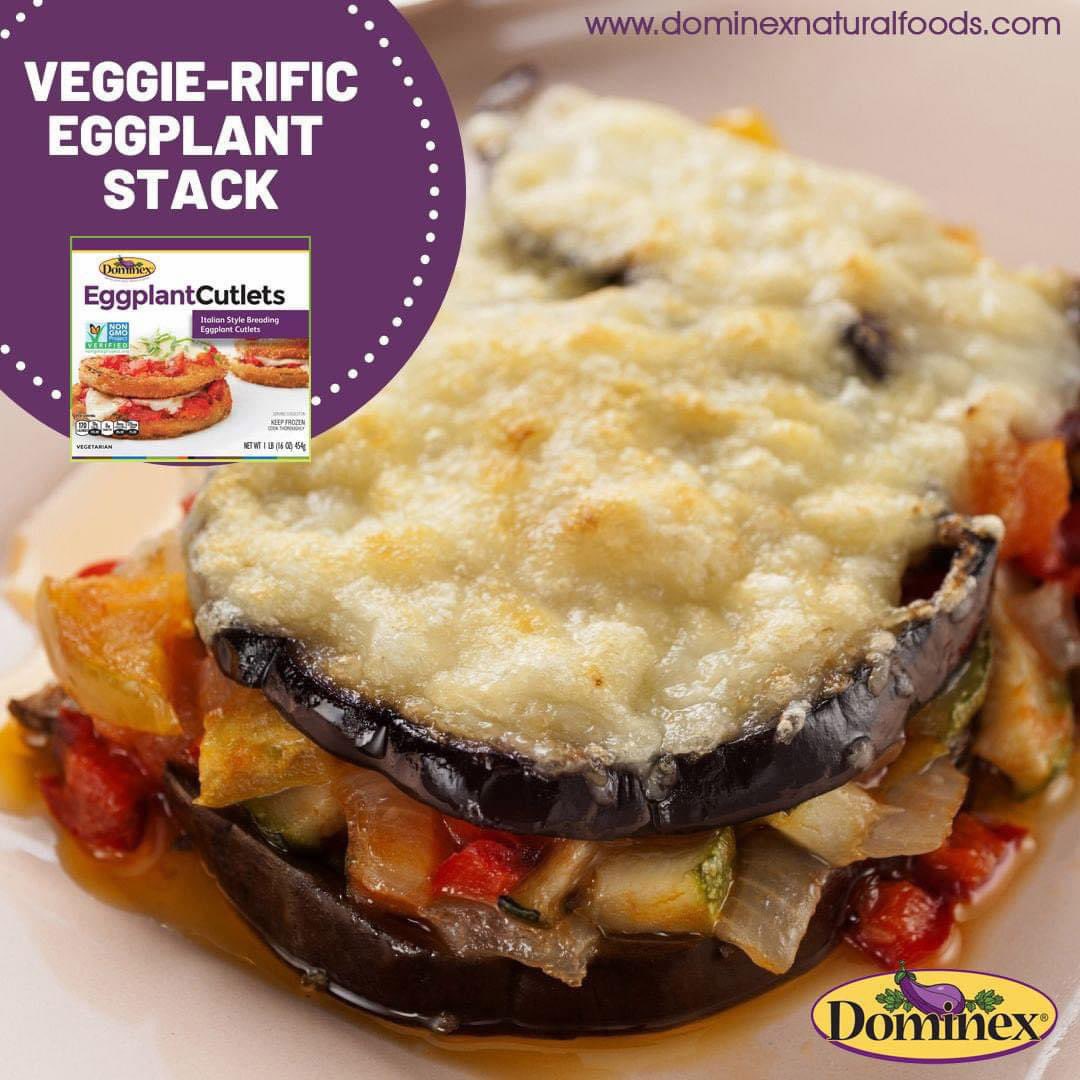 We think these Veggie-rific Eggplant Stacks made with Dominex Eggplant Cutlets are just what your mealtime needs. They are so easy to make. Bake Cutlets. Saute peppers onions and zucchini in olive oil. Sprinkle with oregano and basil. Layer on a cookie sheet and bake. #dominex