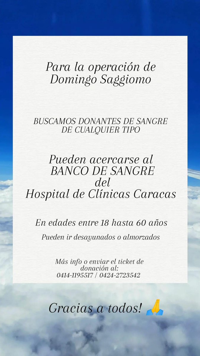 domysaggiomo's tweet photo. My panas, la operación de mi papá se acerca y nos solicitan llevar DONANTES DE SANGRE DE CUALQUIER TIPO.

Los que pueden donar pueden acercarse al Hospital de Clínicas Caracas, en el turno mañana o tarde.

Deben ir desayunados o almorzados. Más info 0424-2723542.
Gracias a todos! https://t.co/idE8MOQJKS