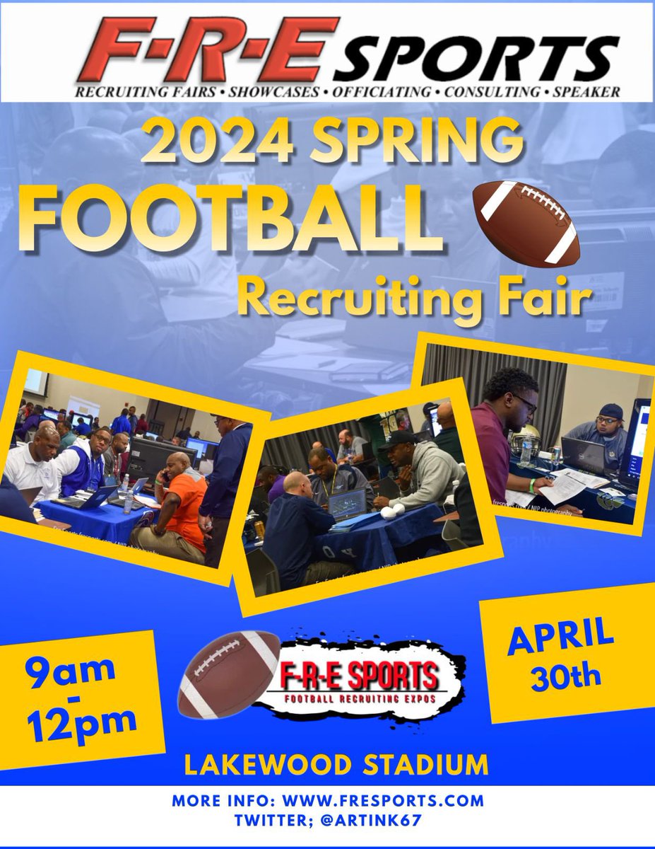 HS Coaches, Get your kids exposure by attending the FRE Recruiting Fair on Tuesday, April 30 at Lakewood Stadium in Atlanta, GA. It’s 8 spots left. Register Today: docs.google.com/forms/d/1Nhidy…