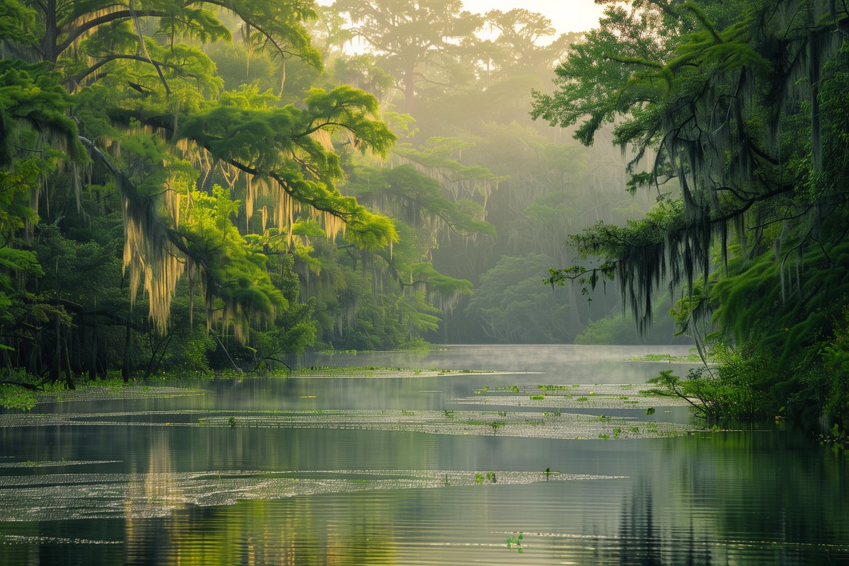 DreamCReality's tweet photo. Dusk settles over the Louisiana Bayou, where cypress trees stand draped in Spanish moss, their silhouettes mirrored in the still waters. A serene world away from the rush of life. 🌿💧

Have you found tranquility in nature's embrace?
#BayouBeauty #NaturePause https://t.co/Y7GTkNJ9LA