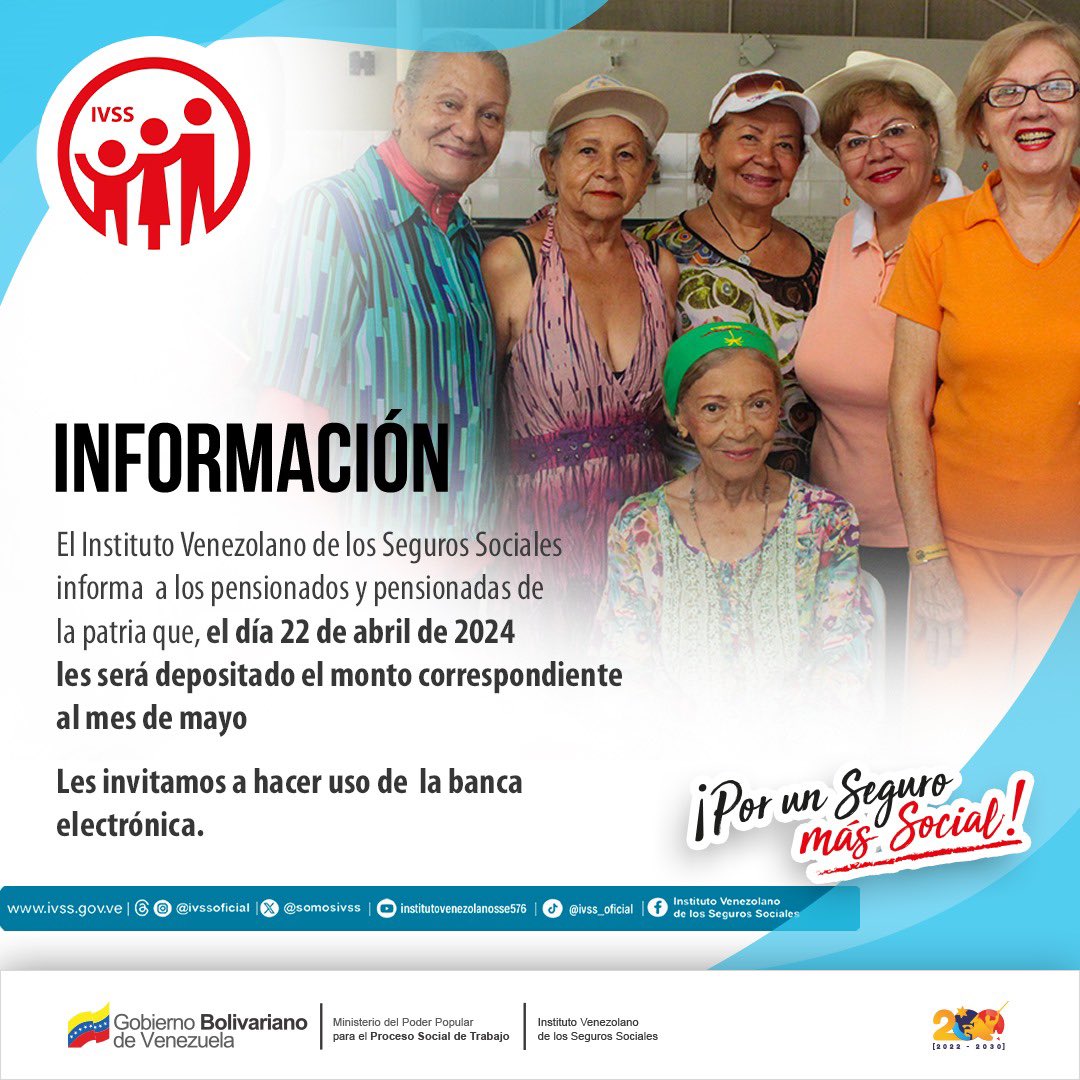 El IVSS informa a todos los pensionados y pensionadas del país que este lunes 22 de abril se depositará el monto correspondiente al mes de mayo.

#PoderPopularEnVanguardia 
<a href="/NicolasMaduro/">Nicolás Maduro</a> 
<a href="/MagaGutierrezV/">Magaly Gutiérrez Viña</a> 
<a href="/delcyrodriguezv/">Delcy Rodríguez</a>