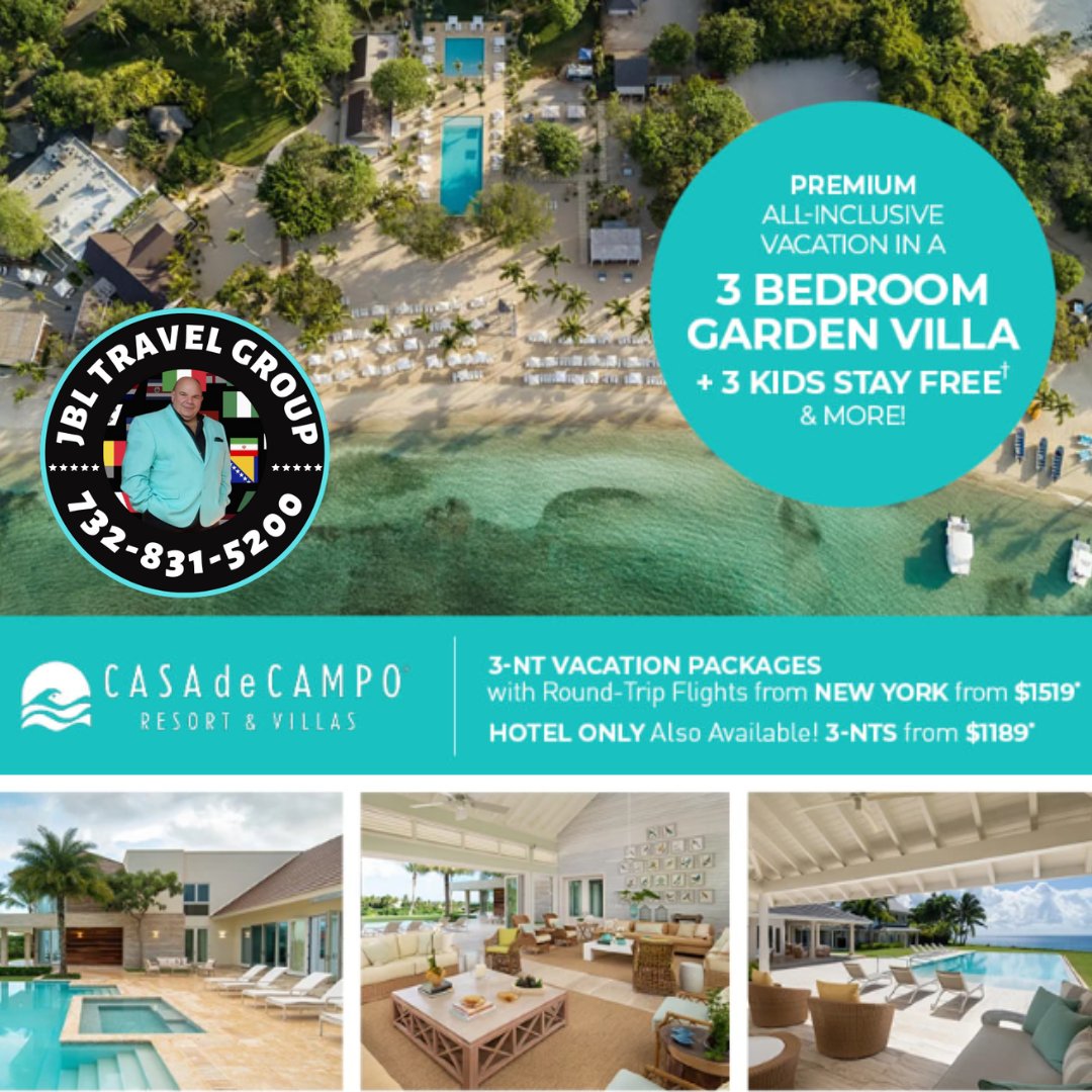 This is the ultimate #vacation for your next #familygetaway
Casa de Campo in the #dominicanrepublic a premium #allinclusive #vacationpackage with flights from JFK or your local airport.
Call the #jbltravelgroup today for more information and reservations.