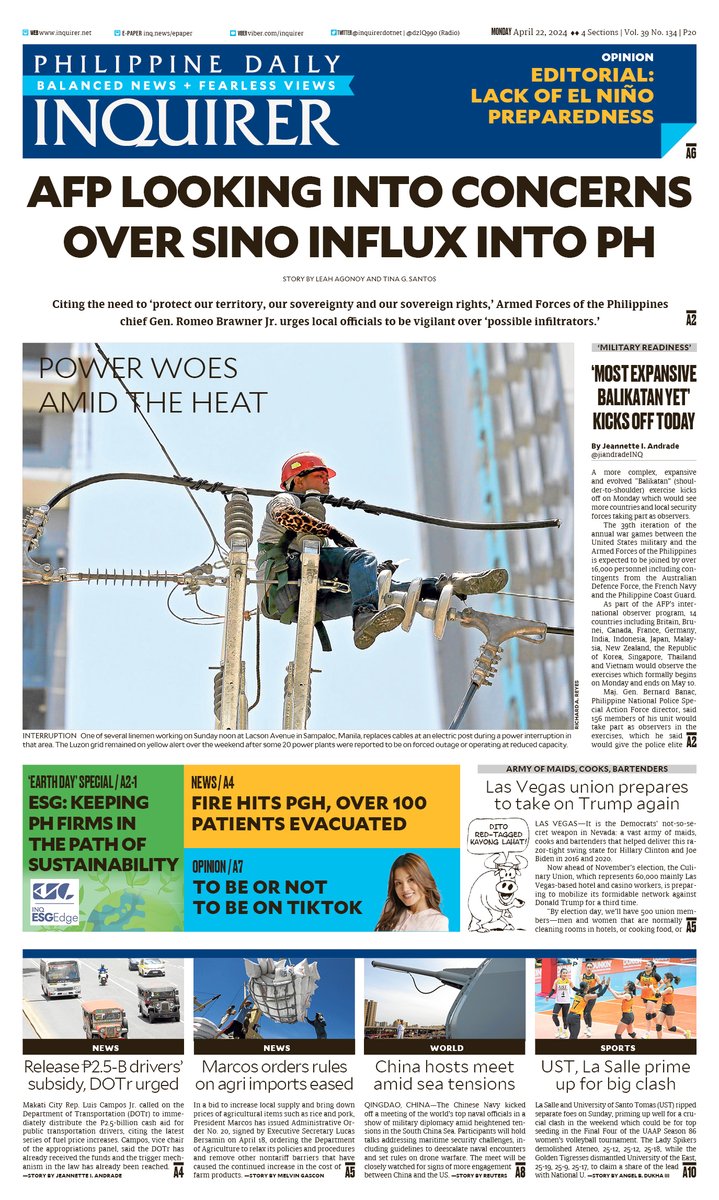 Today's Inquirer front page (April 22, 2024).

More at inq.news/plusfront5 📰#INQFrontPage

Get the Inquirer here: INQ Plus