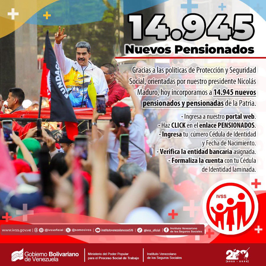 Venezuela suma 14.945 nuevos pensionados, una gestión que se ha logrado gracias a las políticas de Protección Social para nuestros adultos mayores. #PoderPopularEnVanguardia @NicolasMaduro @MagaGutierrezV @delcyrodriguezv