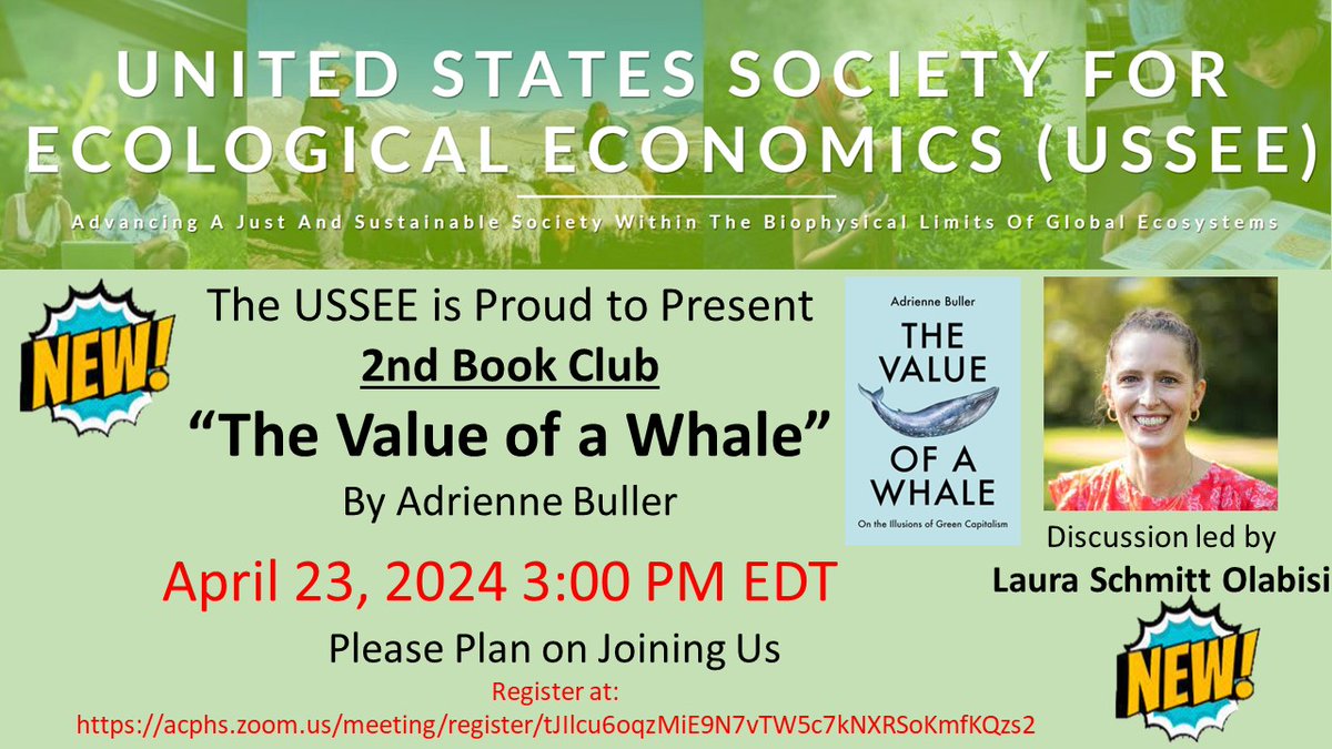 🐳The USSEE Book Club will discuss The Value of A Whale: On the Illusions of Green Capitalism on Tuesday 4/23 at 3:00 PM. Join us for a robust discussion! Free registration at the link below. acphs.zoom.us/meeting/regist…