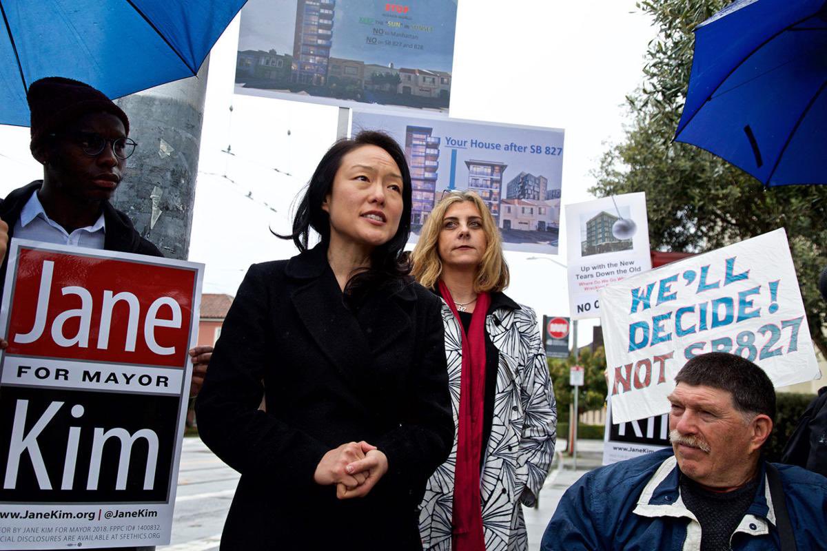 2024 Jane Kim: we should build market-rate housing in high income neighborhoods. 2018 Jane Kim: showing up to high income neighborhoods to oppose a statewide bill that would upzone areas around transit, including high income areas.