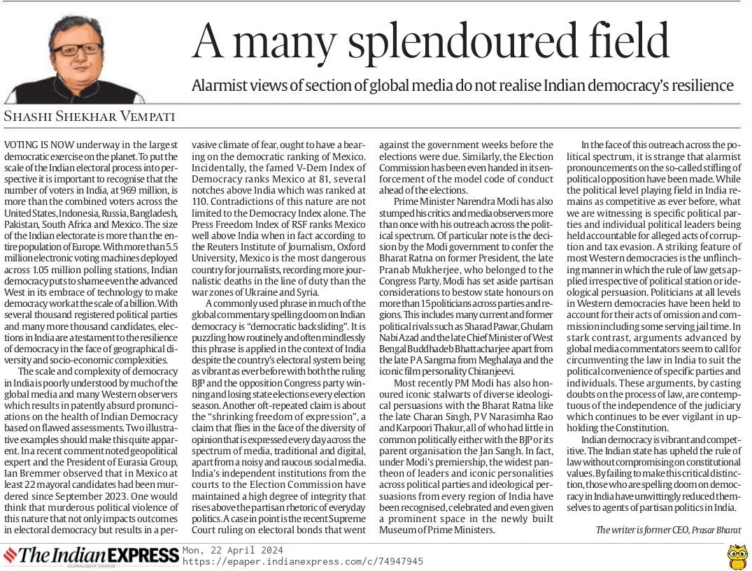 “Foreign Media who have been spelling doom on Indian Democracy are conducting themselves as Partisan Agents of Domestic Politics in India” - My Column in Today’s Indian Express