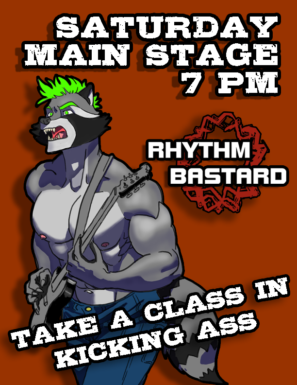 At #FWA2024, your favorite swole punk playing raccoon will be holding a seminar on kick-ass music, aka performing LIVE on the MAIN STAGE @FurryWeekend ! Come for the punk rock and mosh pits, stay for the Magic cards and partial nudity! Art by the ever incorrigible @scronce