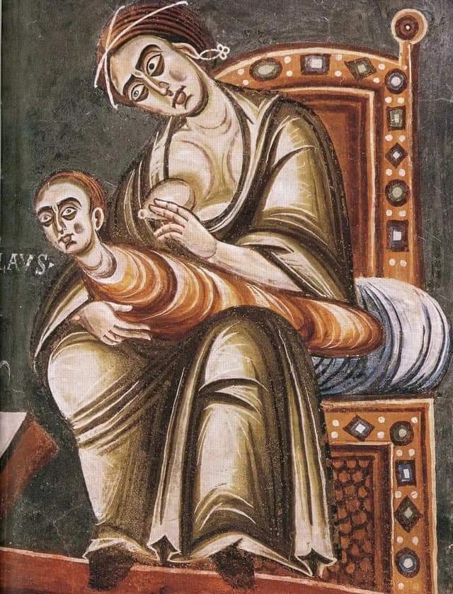 Saint Nicholas refusing his mother's milk, from Stories of the life of Saint Nicholas, detail of Romanesque frescoes in Byzantine style, late 11th Century AD, Chapel of Saint Eldrad and Saint Nicholas, Novalesa Abbey, Piedmont, Italy.

Very little is known for certain about the