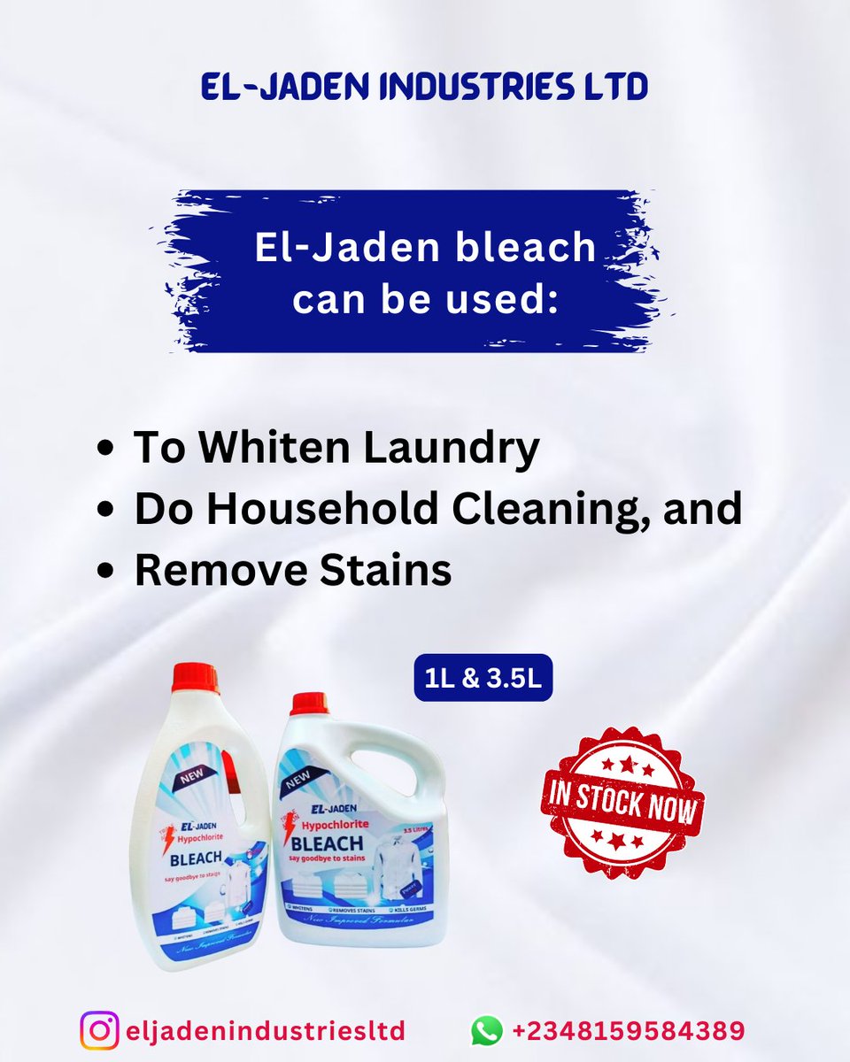 eljadenltd's tweet photo. Struggling with stubborn stains and dull whites? El-Jaden Bleach can help!!!

This versatile bleach removes tough stains, and brightens whites, making your cleaning routine a breeze.

Get yours today!.

#eljadenindustriesltd #eljadenindustries #newproducts #clippers #manU #fermin https://t.co/oo87aIb6nb