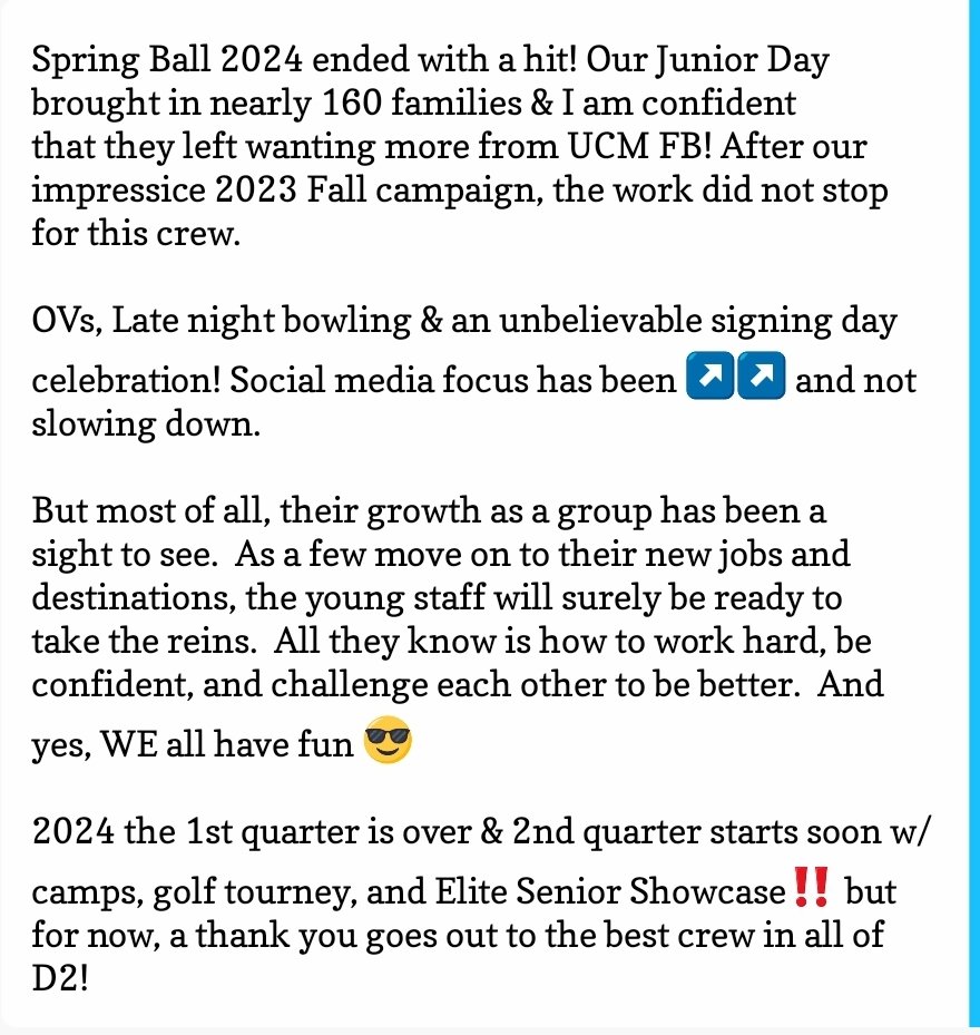 2 years ago, when I started as DFO for @UCMFootballTeam - a support staff wasn't even heard of. Now, we are building it the right way w/tremendous people. I can not be more thankful for them. Some aren't pictured, but they all epitomize #EPIC