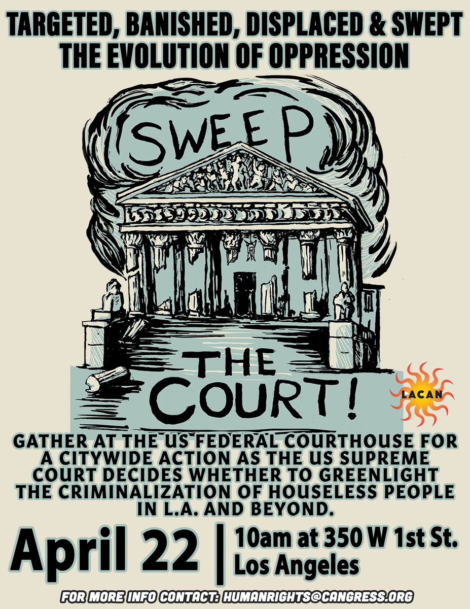 Let's tell the Supreme Court housing that ends homelessness -- and that arrests, fines, and tickets make it worse. 10 a.m. Monday at the DTLA federal courthouse. @LACANetwork @naehomelessness @GreaterLAunited @KtownforAll