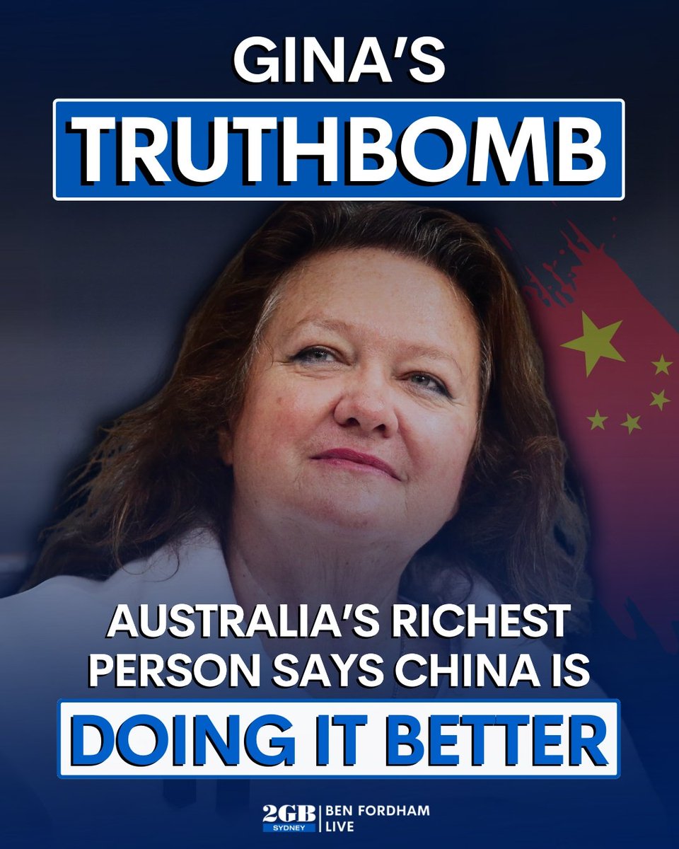 Gina Rinehart has dropped a truthbomb on Australia. Australia’s richest woman says China is doing better than us. She’s taken aim at our energy policies, defence force and education system. Listen to what she has to say HERE. 🎧omny.fm/shows/ben-ford…🎧