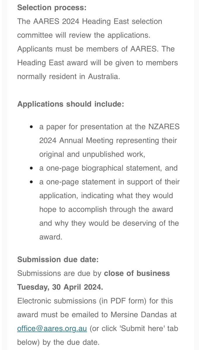 AARES invites applications for the 2024 AARES - NZARES heading East Award where a member of AARES or NZARES resident in Australia will be offered the travel award of AU$1500 to attend the NZARES conference in New Zealand (29-30 August 2024). Please apply by April 30, 2024.