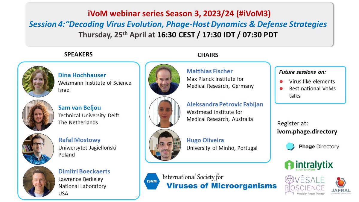 🚀Join us for Webinar #4 of #iVoM3 on April 26, 4:30 PM CEST! Find out about the fascinating world of #VirusesOfMicrobes w/ top experts discussing “Decoding Virus Evolution, Phage-Host Dynamics & Defense Strategies”. Don’t miss these groundbreaking insights! @phagedirectory