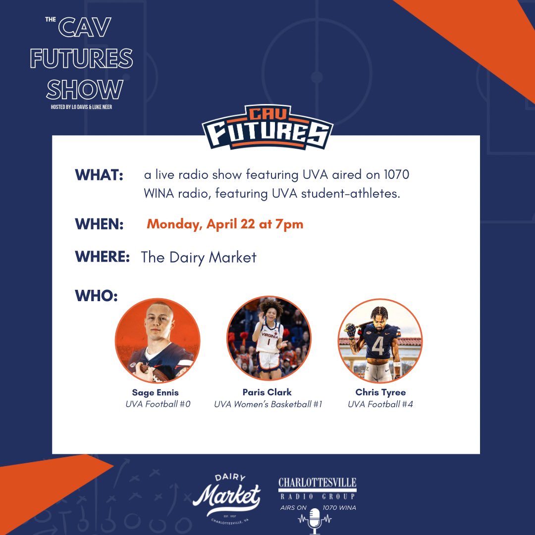 The CavFutures Show is TOMORROW! Come find us at The Dairy Market at 7pm, or listen live on 1070 WINA Radio 📻 Check out our updated guest list below ⬇️ @UVAFootball | @UVAWomensHoops | @VirginiaSports