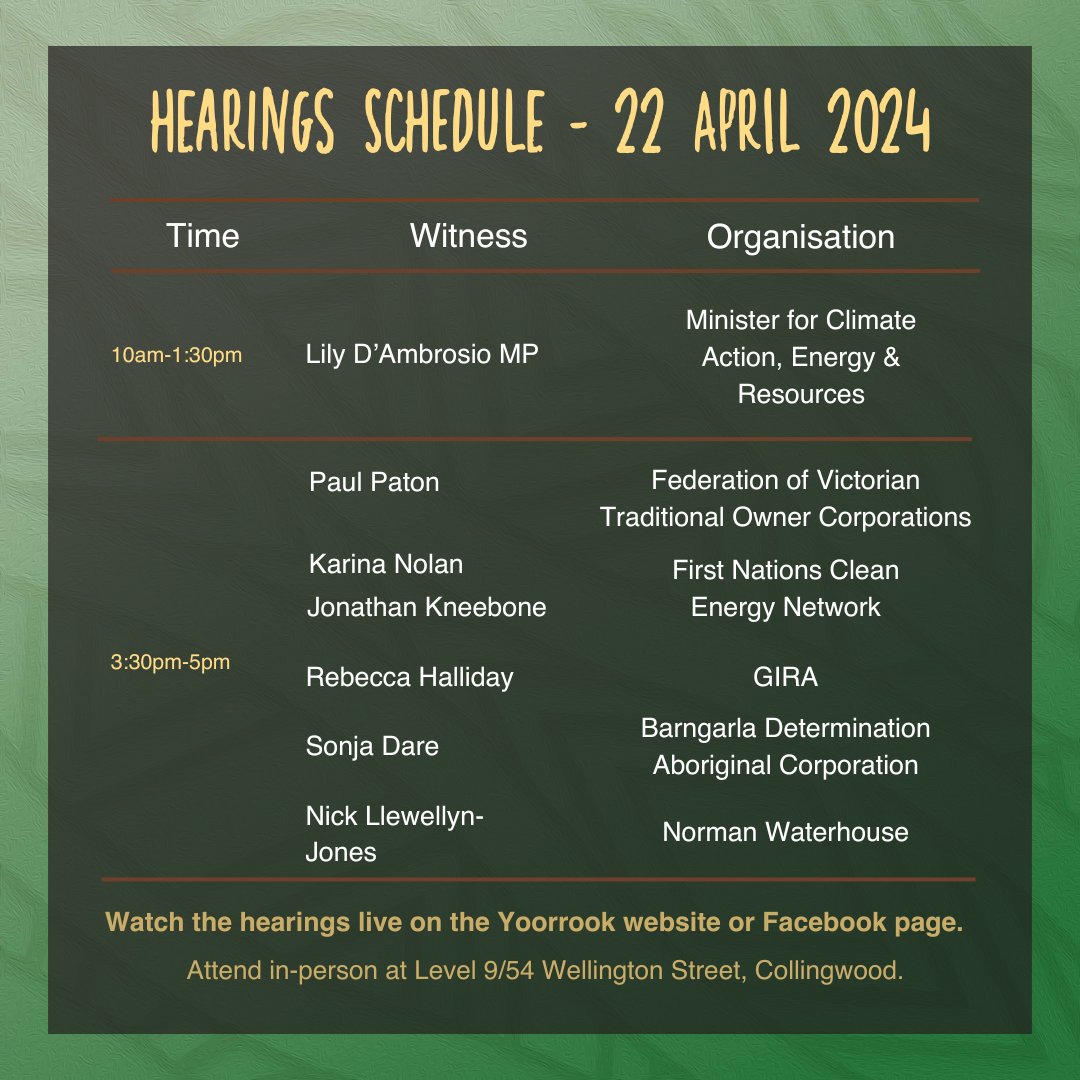 Commissioners will hear from Lily D’Ambrosio MP, Minister for Climate Action, Energy & Resources. This afternoon they will hear from panellists speaking about Traditional Owner participation in the renewable energy industry. #Hearings #Yoorrook #Renewableenergy #Minister