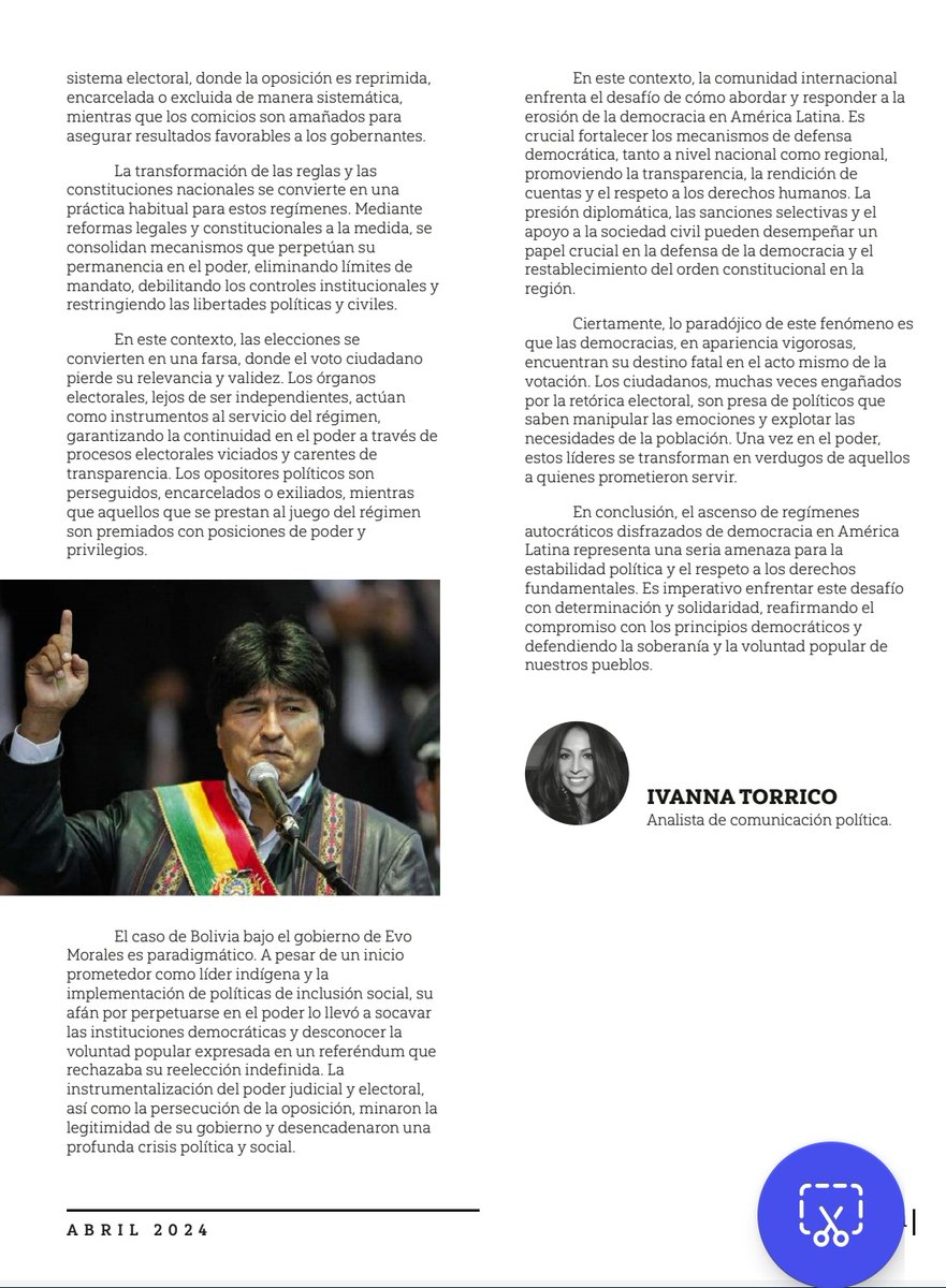 Ivanna_Torrico's tweet photo. Amigos los invito a leer mi artículo de opinión.
Abuso de la democracia: bajo el manto de las reglas democráticas.
Gracias a la revista especializada en Comunicación Política @capipolitico que este mes tiene artículos de lujo. https://t.co/iRayV6EUSH