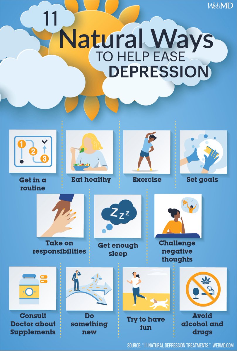 WebMD's tweet photo. Changing your behavior -- your physical activity, lifestyle, and even your way of thinking -- are all natural depression treatments. These tips can help you feel better starting right now: https://t.co/DdFwKu2RpV https://t.co/XKLnSspbPE