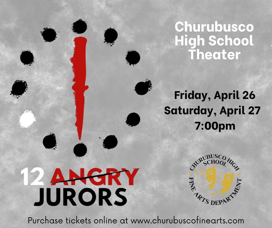 NEXT WEEKEND! Follow 12 jury members on a murder trial as they deliberate a guilty/non-guilty verdict. Tempers flare. Prejudices are exposed. Will justice prevail? Purchase tickets online at churubuscofinearts.com to see this classic play!