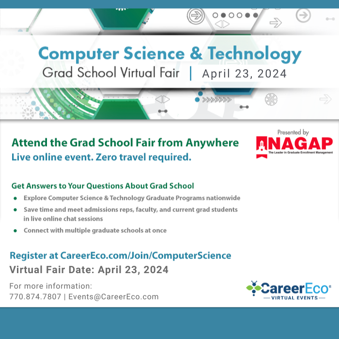 It's not too late to register for the 4/23 Computer Science & Tech Grad School Virtual Fair to meet with admissions reps and faculty from top programs nationwide! careereco.com/Fair/EventDeta… #computerscience #technologydegree #gradschool #graddegree #careereco