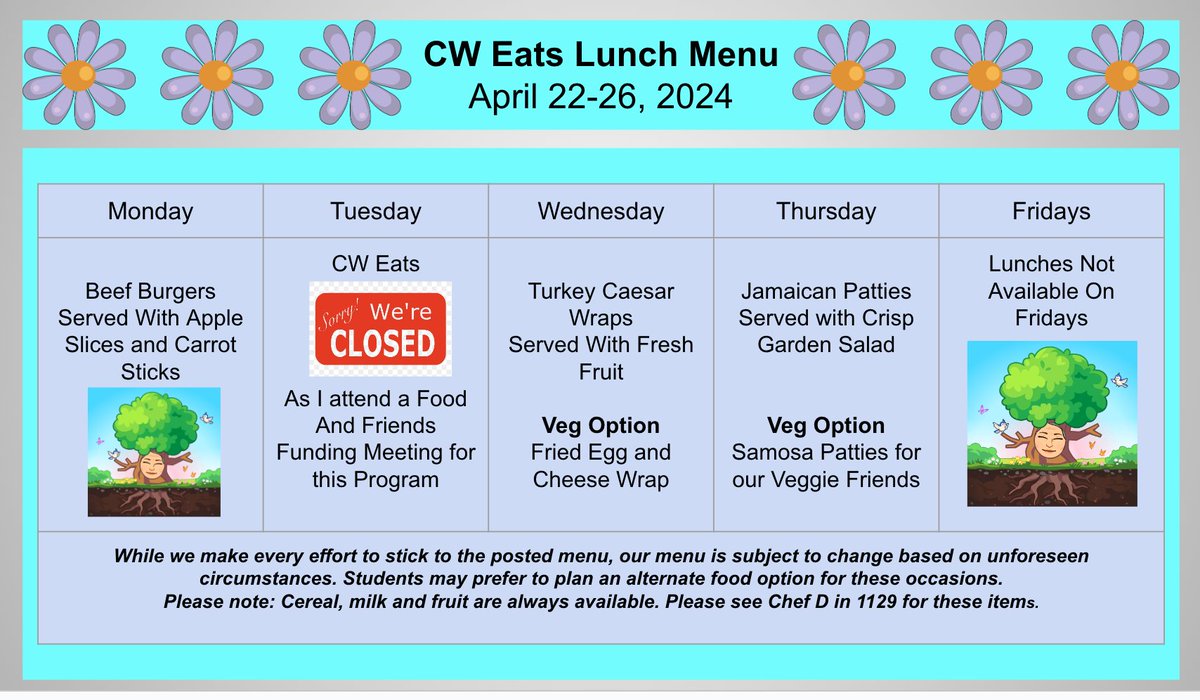 CwEats's tweet photo. Please note the changes to this week's menu. Thank you for your understanding. https://t.co/MhD2ImsVJn