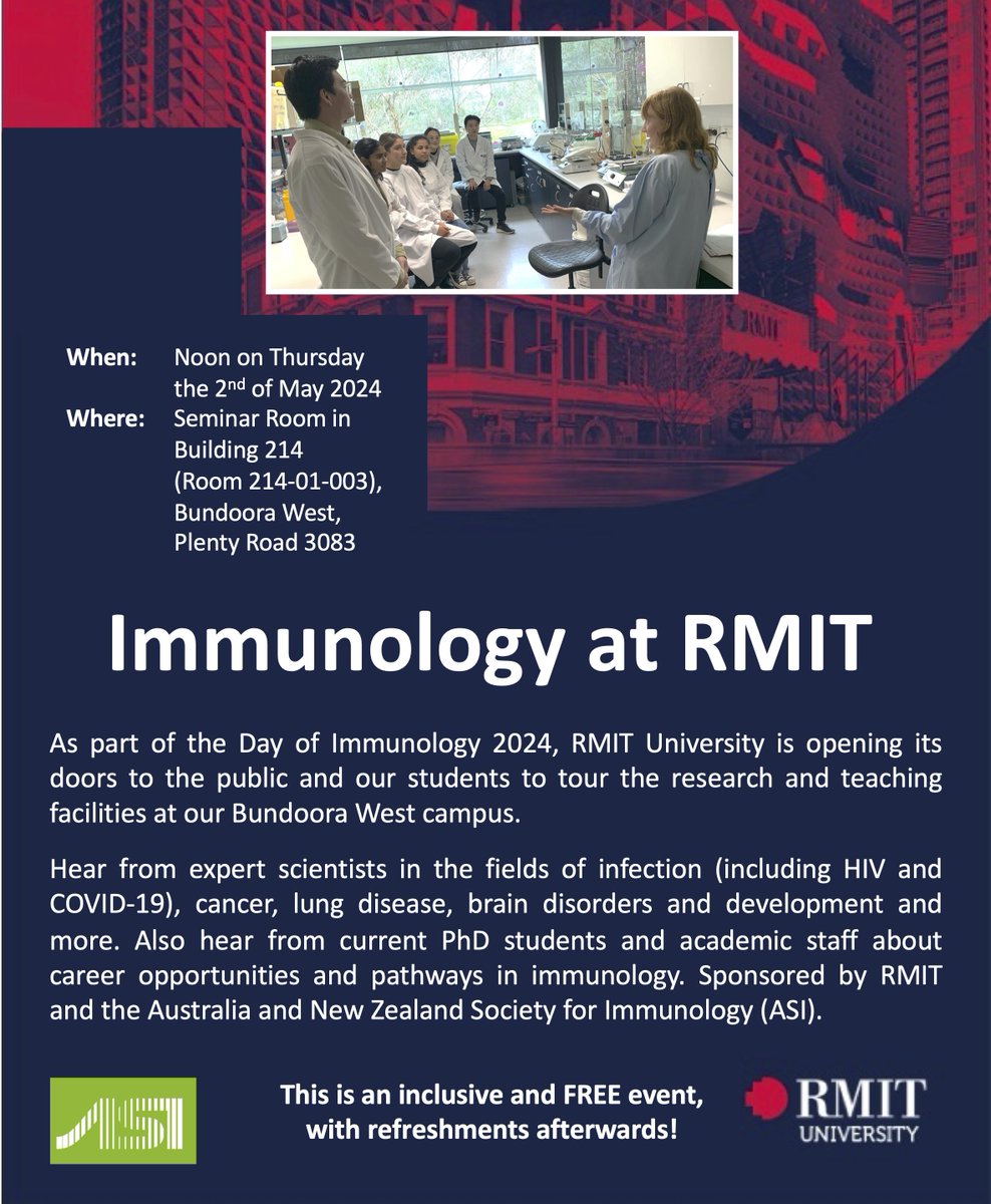 Day of Immunology (@dayofimmunology) on Twitter photo The immunology labs at RMIT are opening to the public at 12pm on May 2nd – Hear from leading researchers about infection, cancer, lung disease, brain disorders and more.
dayofimmunology.org.au
#DayOfImmunology #sciencecareers #sciencestudents #melbourneevents <a href="/RMIT/">RMIT University</a> <a href="/ASImmunology/">Australian and New Zealand Society for Immunology</a> The immunology labs at RMIT are opening to the public at 12pm on May 2nd – Hear from leading researchers about infection, cancer, lung disease, brain disorders and more.
dayofimmunology.org.au
#DayOfImmunology #sciencecareers #sciencestudents #melbourneevents <a href="/RMIT/">RMIT University</a> <a href="/ASImmunology/">Australian and New Zealand Society for Immunology</a>