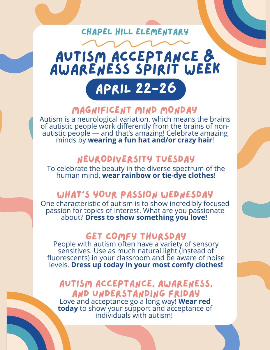 Vanessa Thomson (@thomson2ndgrade) on Twitter photo Hey <a href="/ChapelHillNKCSD/">Chapel Hill ES</a> bobcats - don’t forget about our Autism Acceptance & Awareness spirit week this week! Details below ⤵️ Hey <a href="/ChapelHillNKCSD/">Chapel Hill ES</a> bobcats - don’t forget about our Autism Acceptance & Awareness spirit week this week! Details below ⤵️