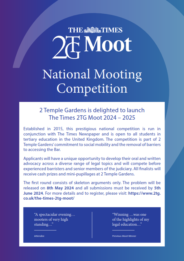 2TG launches The Times/2TG Moot 2024-25 @2TempleGardens is pleased to announce registration is now open for The Times 2TG Moot 2024–2025. For more details, please visit: 2tg.co.uk/the-times-2tg-… #diversityinlaw #national #mooting #competition @timeslaw @thetimes @2TempleGardens