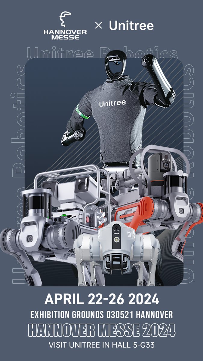 #Unitree #hannovermesse Visit Unitree in HALL 5 # G33 Expect to see a humanoid robot walking! Unitree will display humanoid robot H1, Inspection/Firefighting Quadruped Robot B2, to show you how footed robot tech contribute toIndustrial applications.