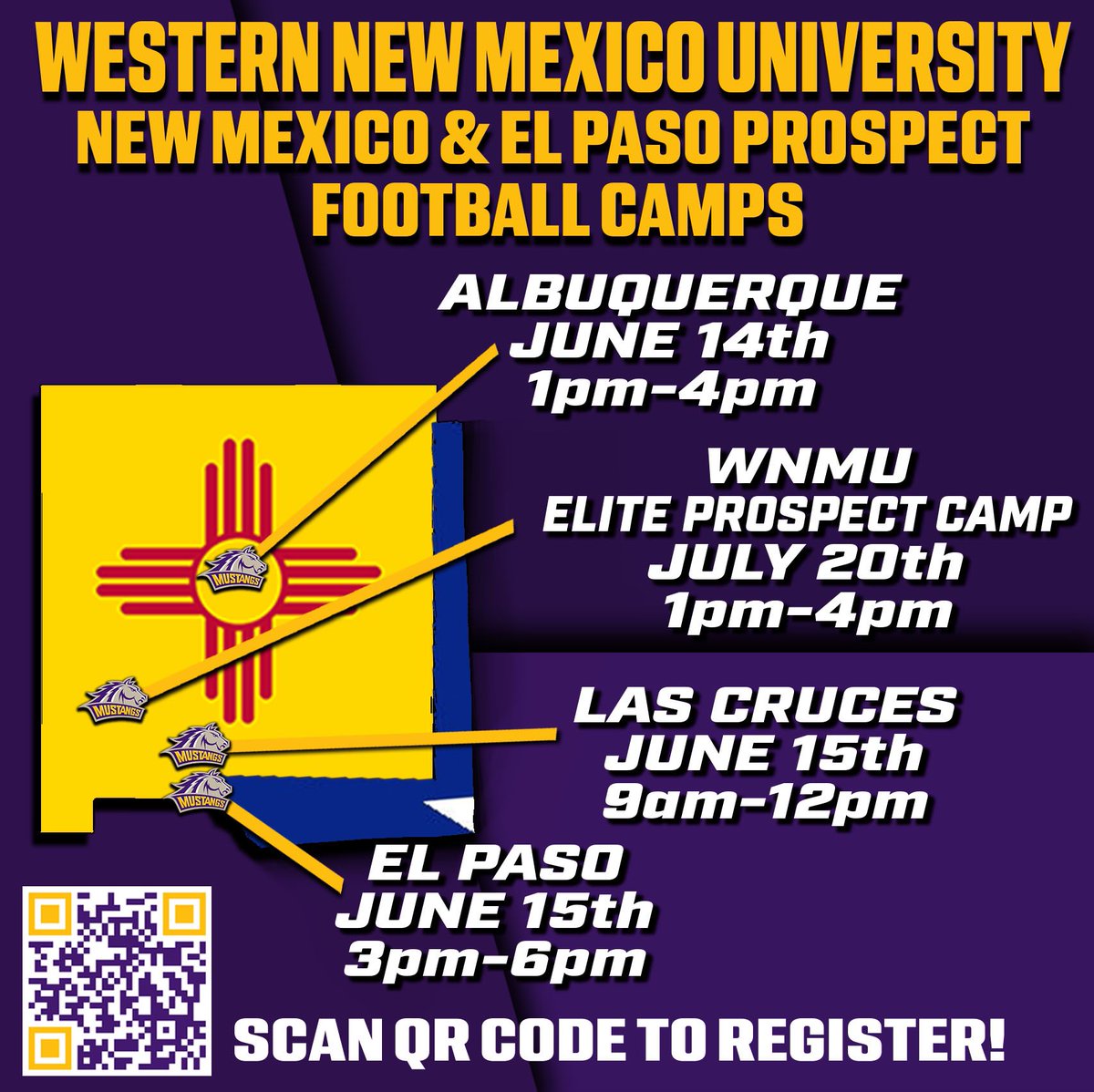 🚨WNMU Football coming to Mustang Country looking for new RareBreed‼️ 📍 Albuquerque 🗓️ June 14th 🕐 1 PM 📍 Las Cruces 🗓️ June 15th 🕘 9 AM 📍 El Paso 🗓️ June 15th 🕒 3 PM 📍 Silver City 🗓️ July 20th 🕐 1 PM Register by scanning the QR Code or go to hickmanfootballcamps.com