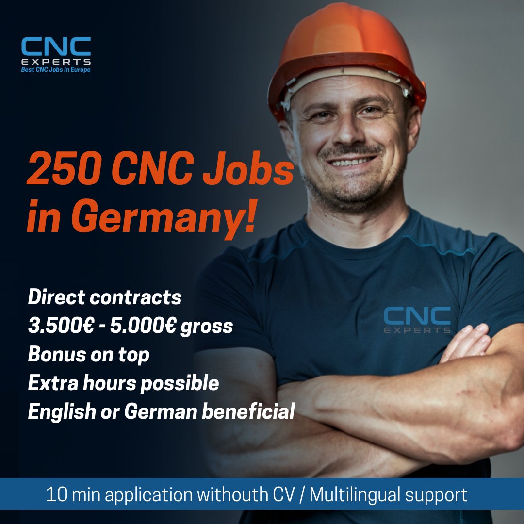 cnc_experts's tweet image. Are you looking for  a CNC job in Germany? 
Please take a look on our open vacancies!
cnc-experts.eu/job-openings

We have more than 150 CNC companies in Germany that are looking for CNC candidates with experience. More than 250 open jobs for Millers, Grinders, Turners, CAD/CAM, EDM.