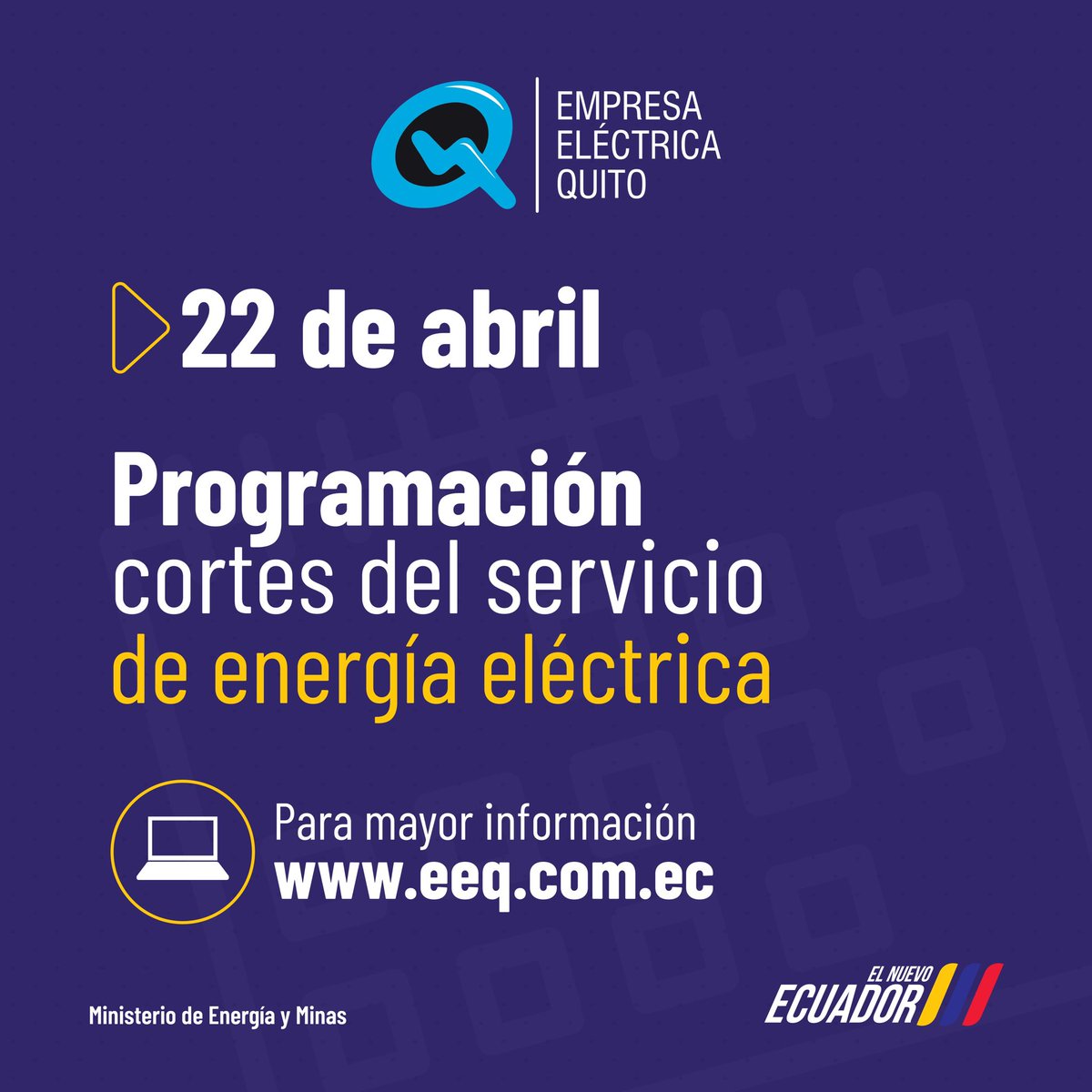 🚨 #EEQInforma | La programación de suspensiones del suministro eléctrico ⚡ prevista para este lunes, 22 de abril. ⏰ Verifica horarios y sectores aquí ⬇️ bit.ly/3UsliZK