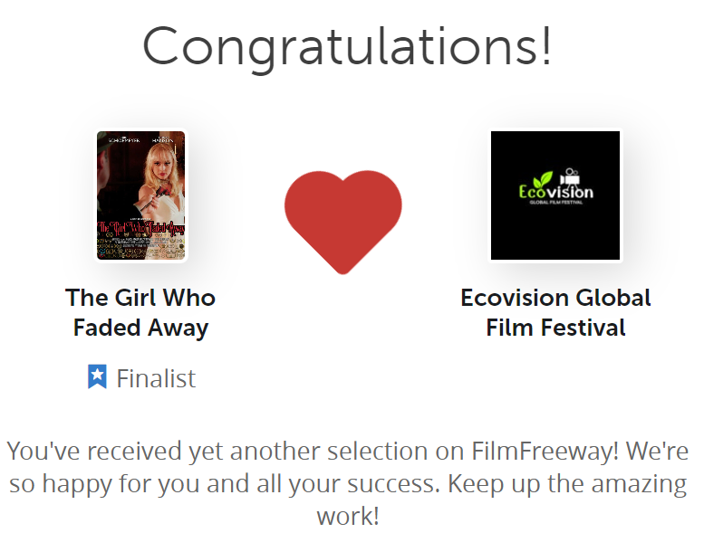 Thank you to @Ecovision_ff  for making The Girl Who Faded Away a Finalist.  I hope for a win!
#filmfestival #film #shortfilm #filmmaking #filmmaker #indiefilm #movie #director #cinematography #filmmakers #filmfest #festival #filmfestivals #shortfilms #supportindiefilm