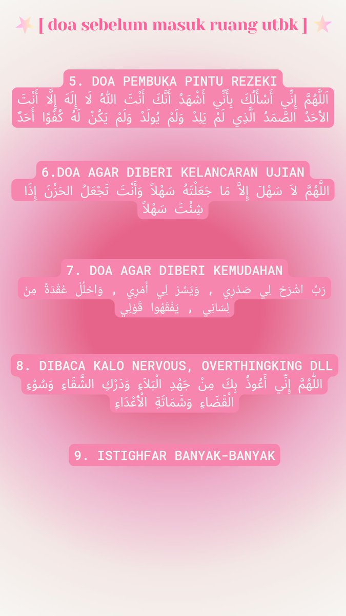 [ ramgkuman doa sebelum masuk ruang #utbk ִ ࣪𖤐 ]
⚠️ jangan di bookmark langsung save ke gallery biar ga lupa ⚠️