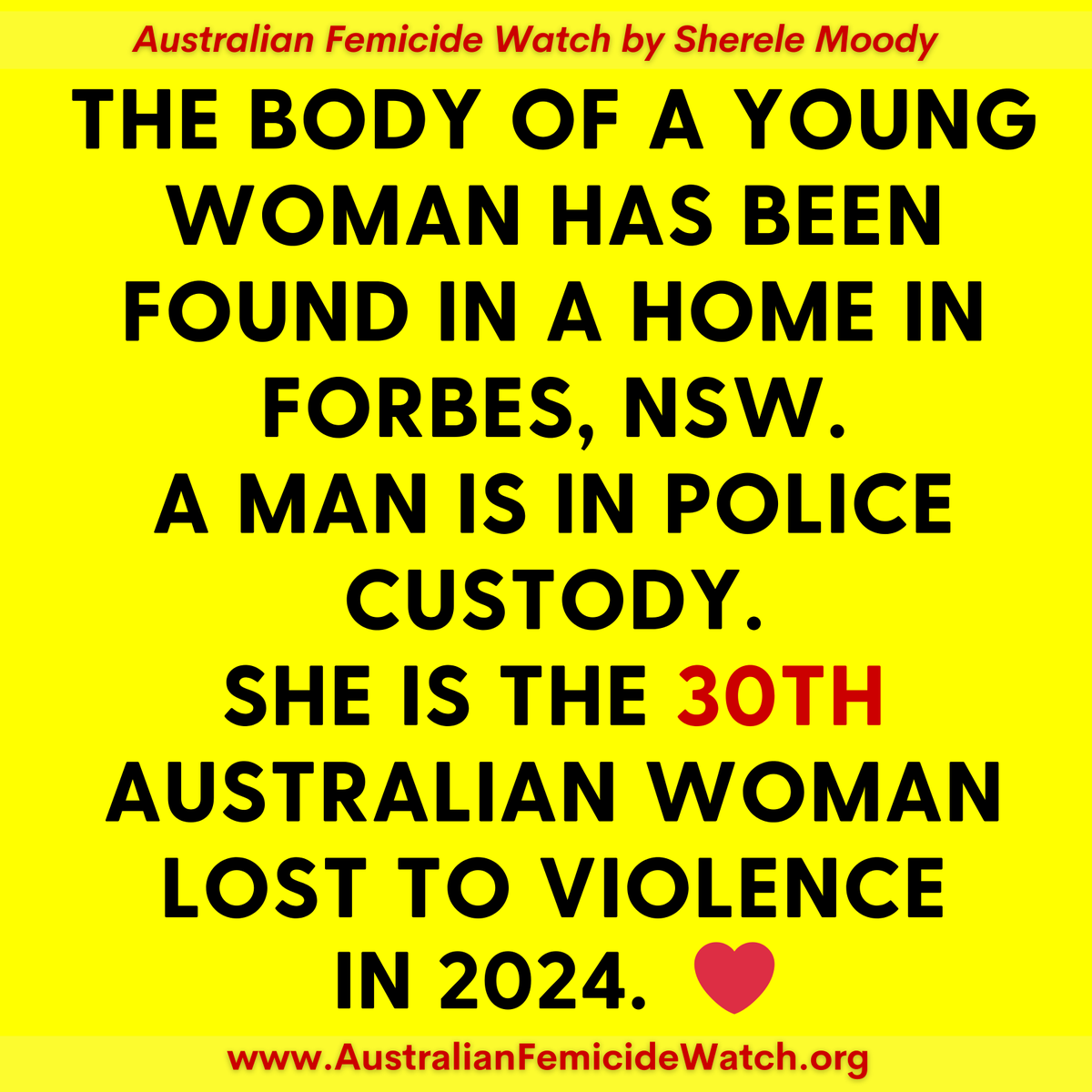 MapFemicide's tweet photo. A woman has been killed in Forbes, NSW. A man has been arrested. She is the 30th woman killed this year and the 10th woman killed in April (that's about one woman killed every few days this month). https://t.co/eP8Vq1EZcn