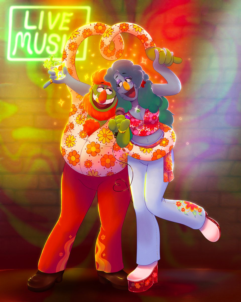 🎤'And then I saw her face-- Now I'm a believer! And not a trace, of doubt in my mind! I'm in love, OOOOOOHH~🎶💚💙' Teeth & Mari attending a Karaoke Night at Rowlf's Tavern, as illustrated by the absotively fabulous @/_PartyCoffin_ !!! 💖💖🤩the details are INSANE ty so much!!
