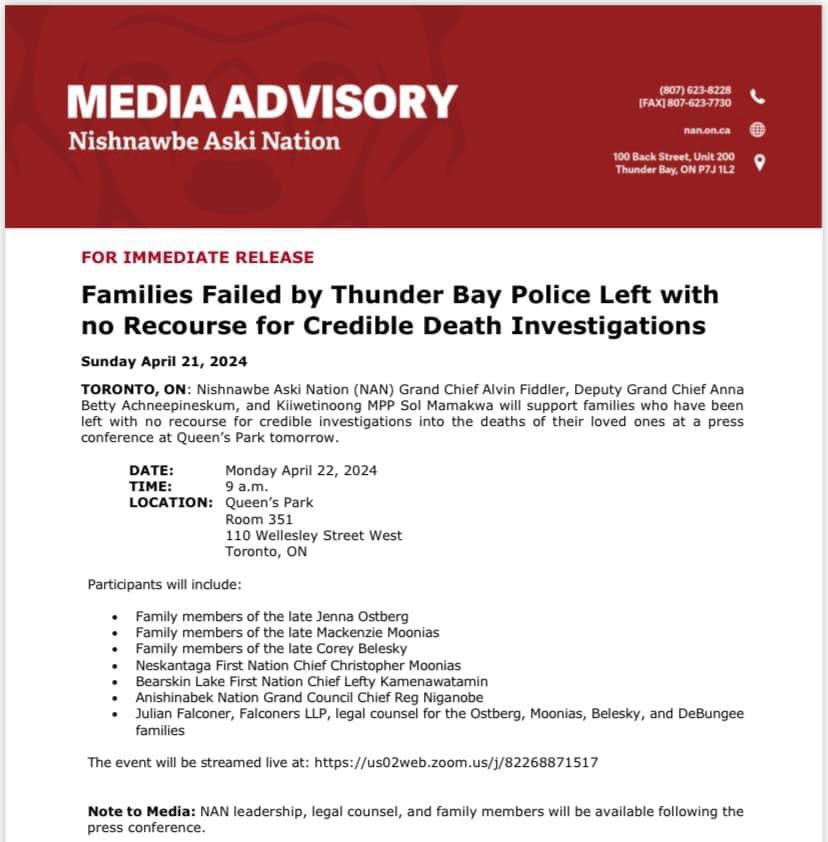 I am here to support the family of our late youth Mackenzie Moonias. Please see attached NAN Media Advisory.